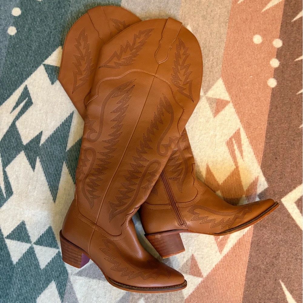 Southern Fried Chics Brown Knee High Western Boot Cowgirl Cowboy Boots Size 7W - Picture 13 of 15
